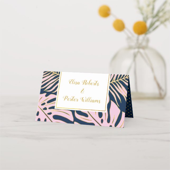 Pink, gold tropical leaves navy blue wedding place card (Back)