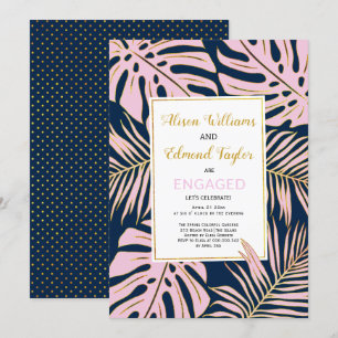 Pink, gold tropical leaves navy engagement party invitation