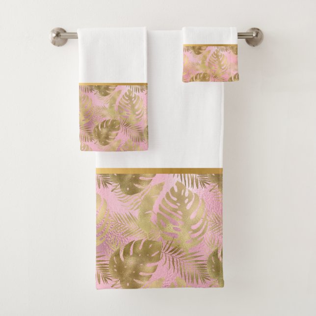 PINK GOLD TROPICAL PALM BATHROOM SET (Insitu)