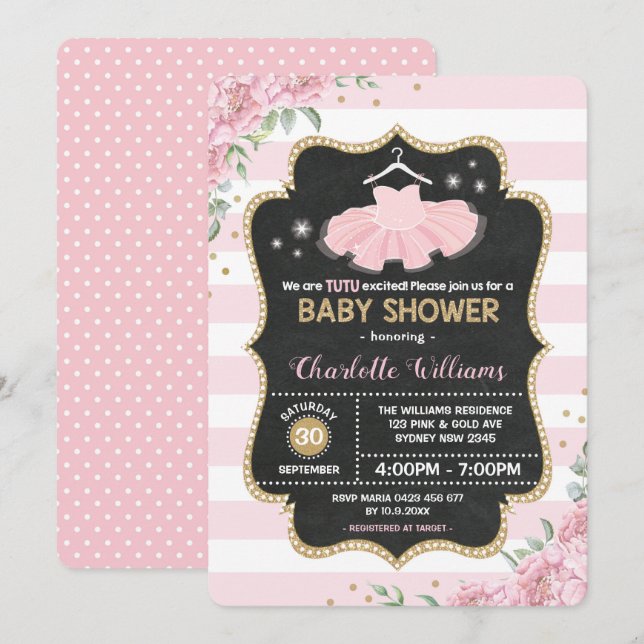 Pink Gold Tutu Ballerina Baby Shower Invitation (Front/Back)