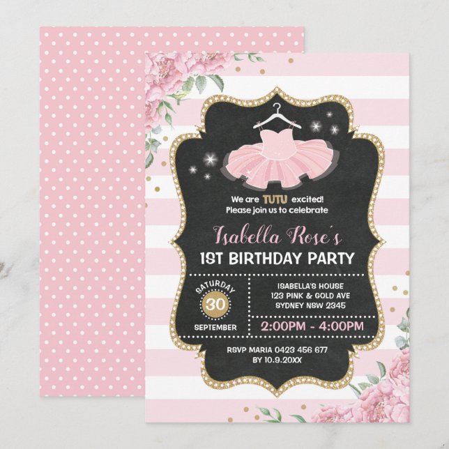 Pink & Gold Tutu Ballerina Birthday Party Invite (Front/Back)