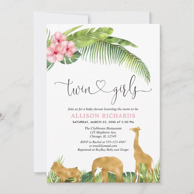 Pink gold twin girls safari jungle baby shower invitation (Front)