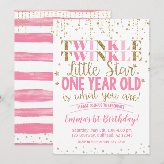 Pink & Gold Twinkle Little Star 1st Birthday Invitation (Front/Back)