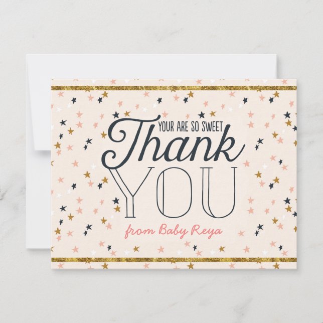 Pink & Gold Twinkle Stars Thank You Cards (Front)