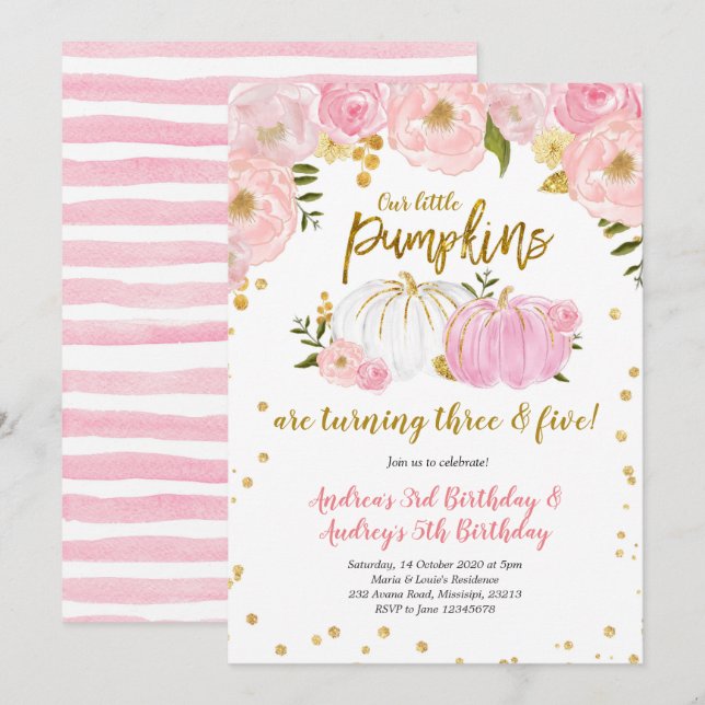 Pink Gold Two Little Pumpkins Birthday Invitation (Front/Back)