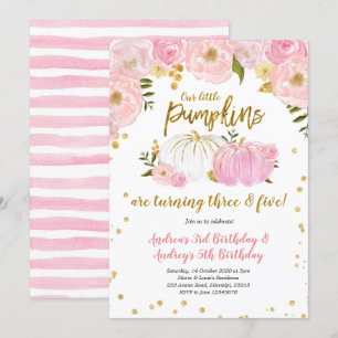 Pink Gold Two Little Pumpkins Birthday Invitation