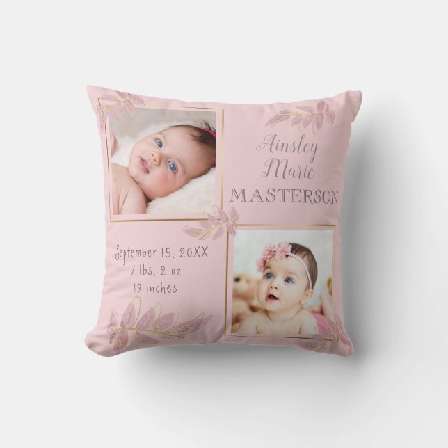 Pink Gold Two Photo Baby Girl Birth Stats Cushion (Front)