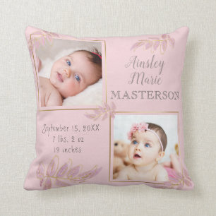 Pink Gold Two Photo Baby Girl Birth Stats Cushion