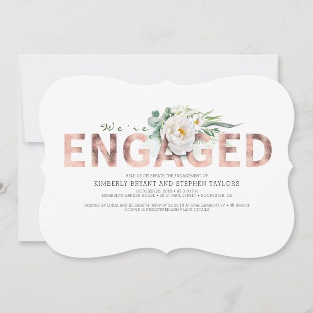 Pink Gold Typography White Floral Engagement Party Invitation (Front)