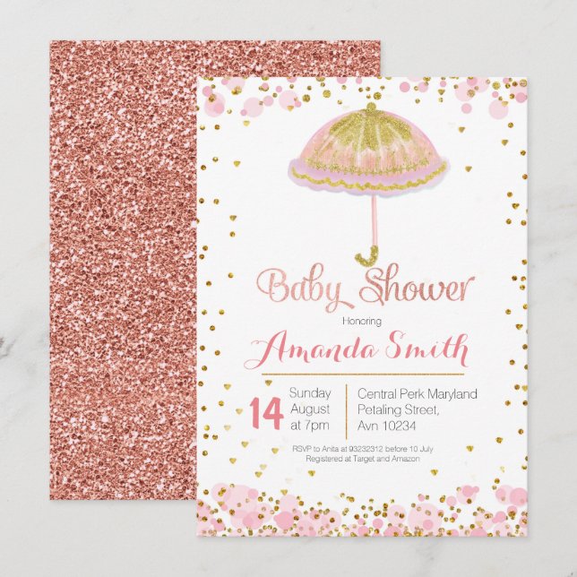 Pink Gold umbrella baby shower invitation (Front/Back)