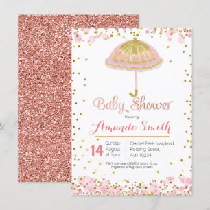 Pink Gold umbrella baby shower invitation