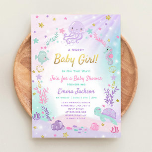 Pink Gold Under The Sea Baby Mermaid Invitation