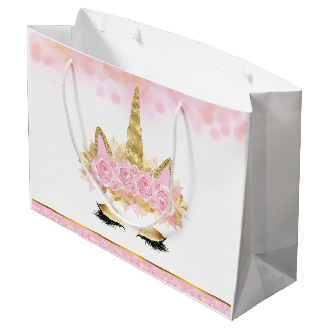Pink Gold Unicorn Baby Shower Large Gift Bag (Back Angled)