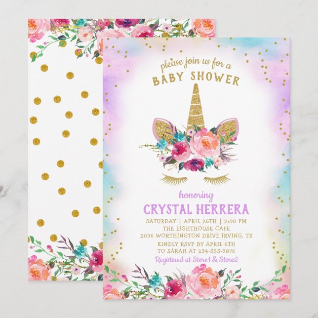 Pink & Gold Unicorn Beautiful Floral Baby Shower Invitation (Front/Back)