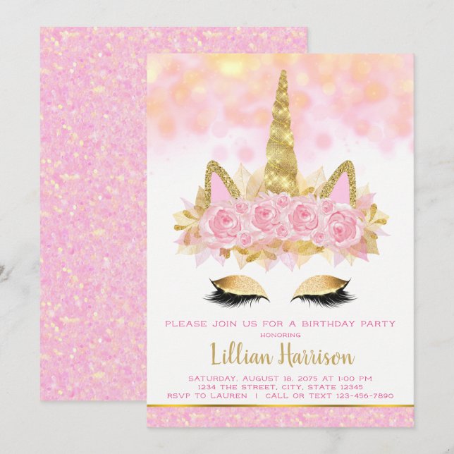 Pink Gold Unicorn Birthday Party Invitation (Front/Back)