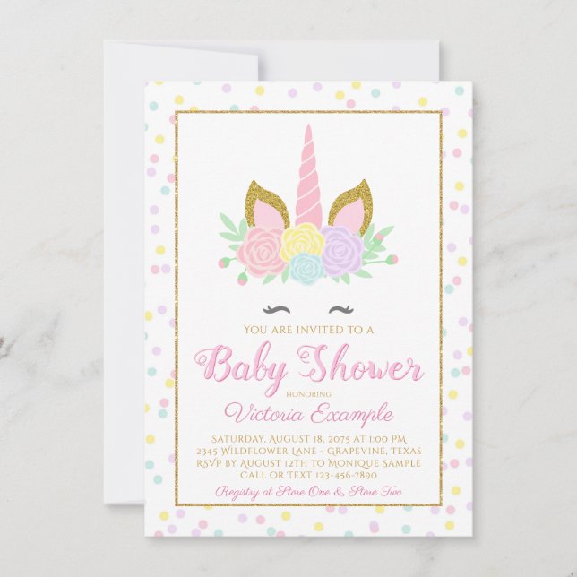 Pink Gold Unicorn Face Girl Baby Shower Invitation (Front)