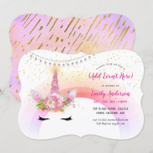 Pink Gold Unicorn Face Invitations ANY EVENT