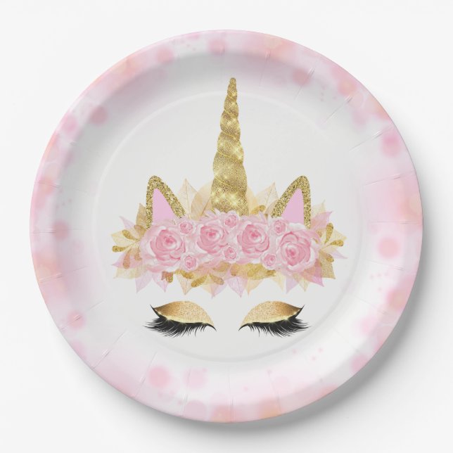 Pink Gold Unicorn Face Paper Plates (Front)