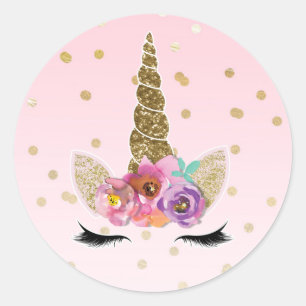 Pink Gold Unicorn Floral Horn Birthday Party Favou Classic Round Sticker