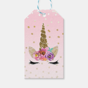 Pink Gold Unicorn Floral Horn Birthday Party Favou Gift Tags
