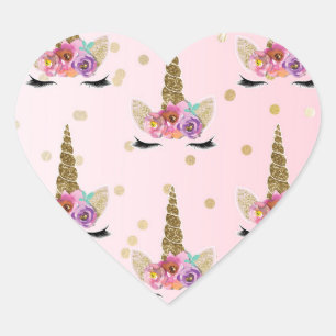 Pink & Gold Unicorn Floral Horn Birthday Party Heart Sticker