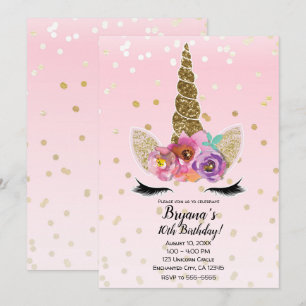 Pink & Gold Unicorn Floral Horn Birthday Party Invitation