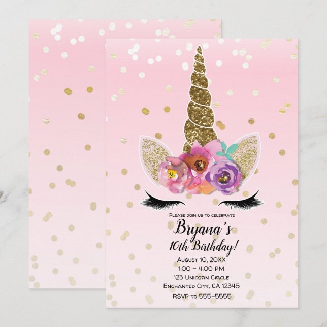 Pink & Gold Unicorn Floral Horn Birthday Party Invitation (Front/Back)