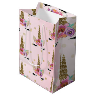 Pink & Gold Unicorn Floral Horn Birthday Party Medium Gift Bag