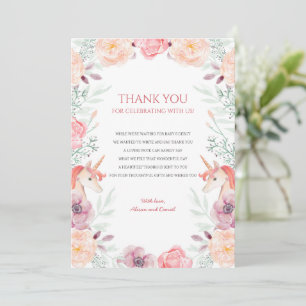 Pink Gold Unicorn Floral Watercolor Baby Shower Thank You Card