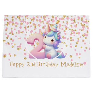 Pink Gold Unicorn Glitter 2nd Girls Birthday Large Gift Bag