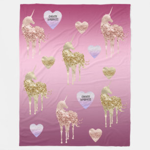 Pink Gold Unicorn Hearts Ombre Fleece Blanket