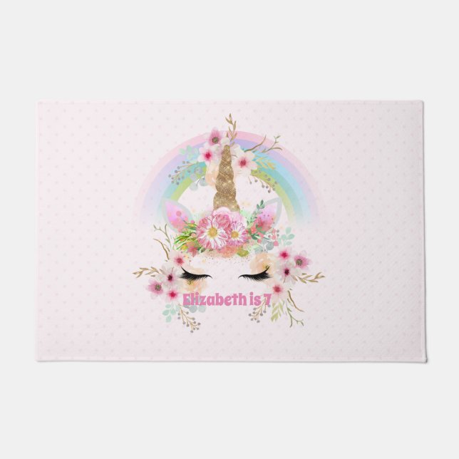 Pink Gold UNICORN Rainbow Flowers Girls NAMED Gift Doormat (Front)