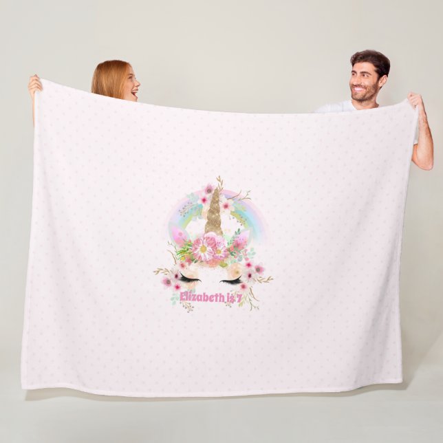 Pink Gold UNICORN Rainbow Flowers Girls NAMED Gift Fleece Blanket (In Situ)
