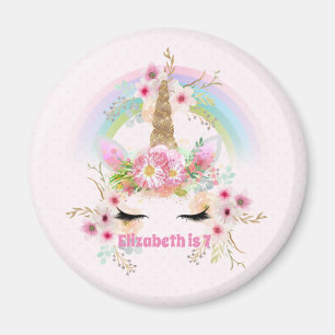 Pink Gold UNICORN Rainbow Flowers Girls NAMED Gift Magnet