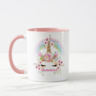 Pink Gold UNICORN Rainbow Flowers Girls NAMED Gift Mug