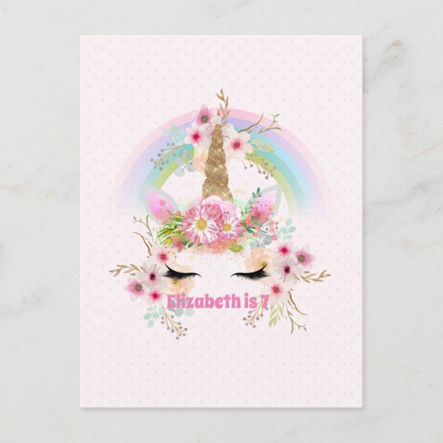 Pink Gold UNICORN Rainbow Flowers Girls NAMED Gift Postcard (Front)