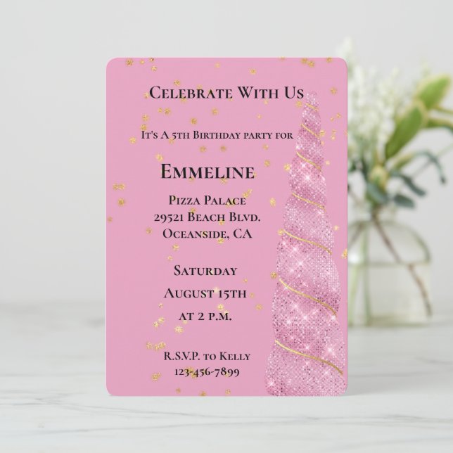 Pink Gold Unicorn Stars Birthday Invitation (Standing Front)