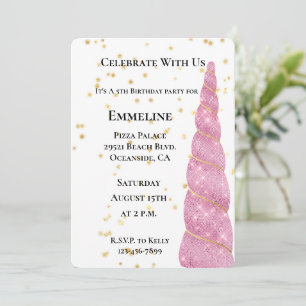 Pink Gold Unicorn Stars White Birthday Invitation