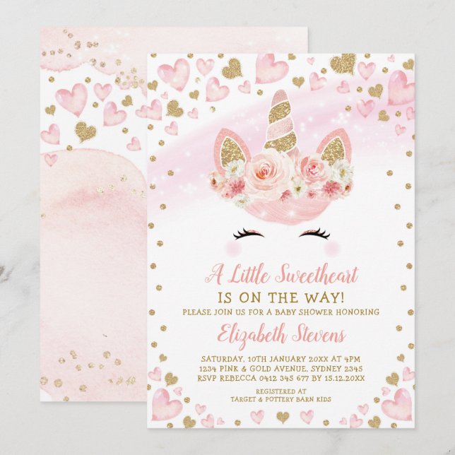 Pink Gold Unicorn Sweetheart Baby Shower Magical Invitation (Front/Back)
