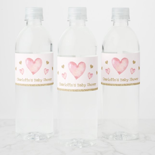 Pink Gold Valentines Baby Shower Birthday Party Water Bottle Label (Bottles)