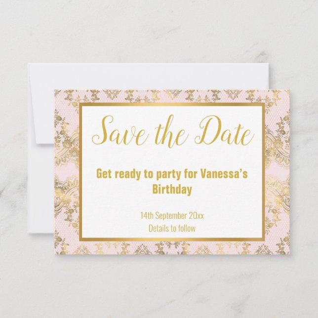 PINK GOLD VICTORIAN ELEGANT SAVE THE DATE RSVP CARD (Front)
