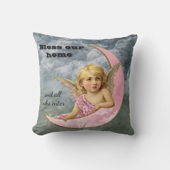 Pink & Gold Vintage Angel Bless Our Home Pillow (Front)