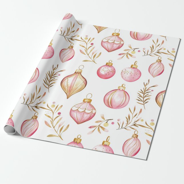 Pink Gold Vintage Christmas Ornaments  Wrapping Paper (Unrolled)