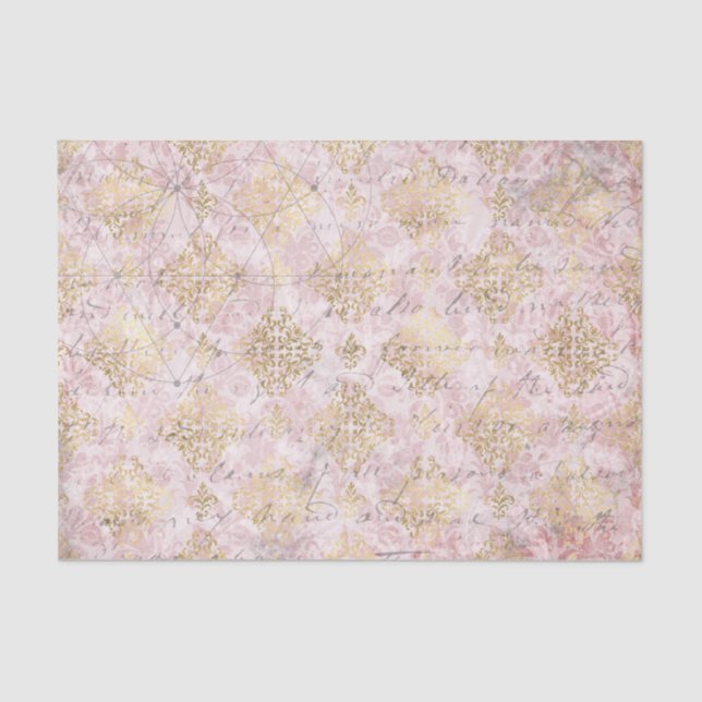Pink Gold Vintage Damask Handwriting Decoupage Tissue Paper (Front)
