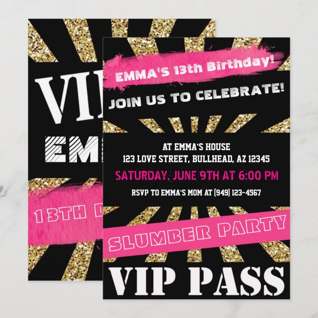 Pink & Gold VIP PASS Girls Sleepover Teenage Girl Invitation (Front/Back)