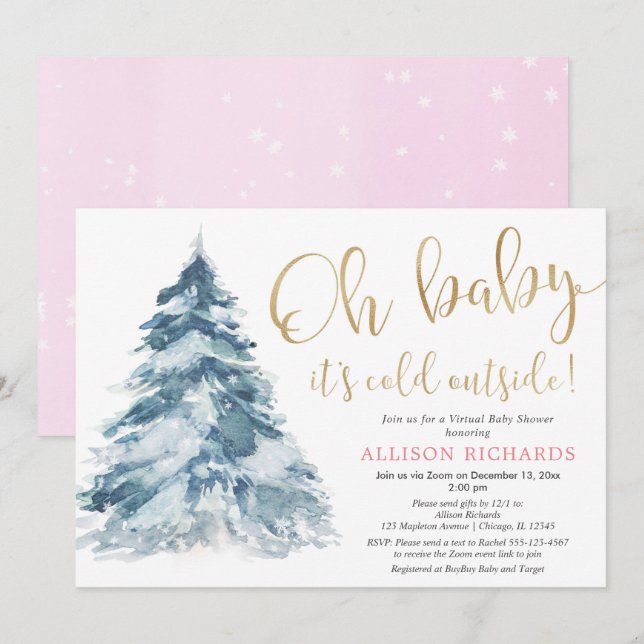Pink gold Virtual baby shower it's cold outside Invitation (Front/Back)