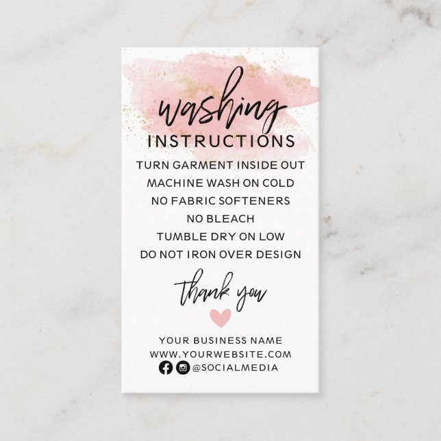 Pink Gold Washing Instructions Clothing Shirt Care Business Card (Front)