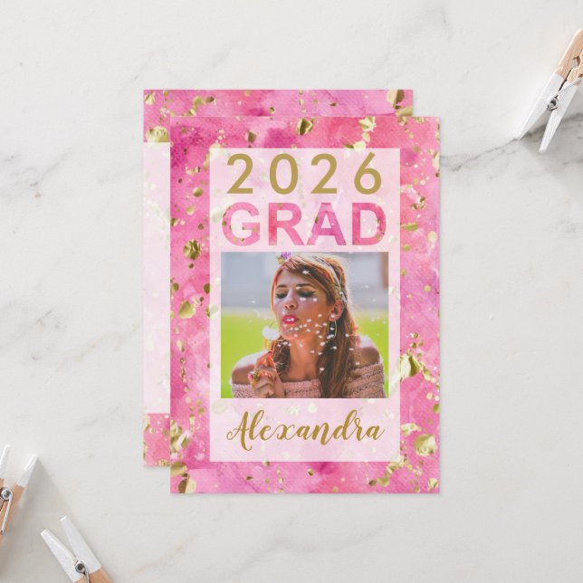Pink Gold Watercolor Art 2025 Photo Graduation Inv Invitation (Front/Back In Situ)