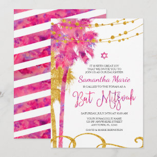 Pink Gold Watercolor Beach Bat Mitzvah Invitations