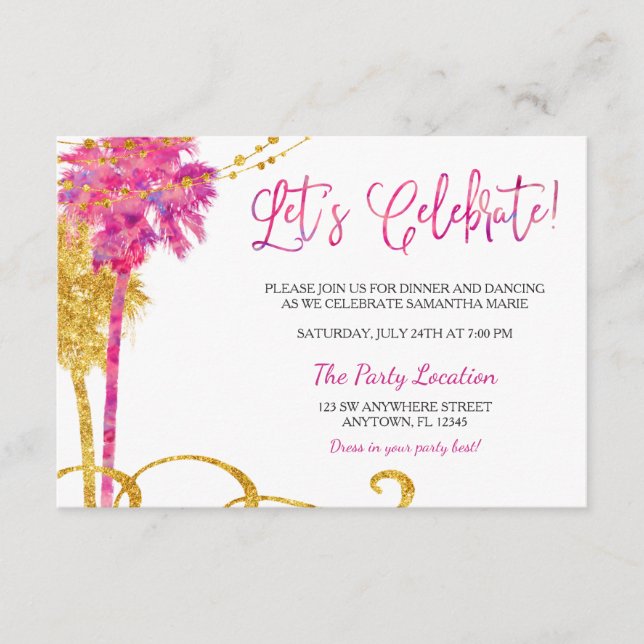 Pink Gold Watercolor Beach Bat Mitzvah Reception Enclosure Card (Front)